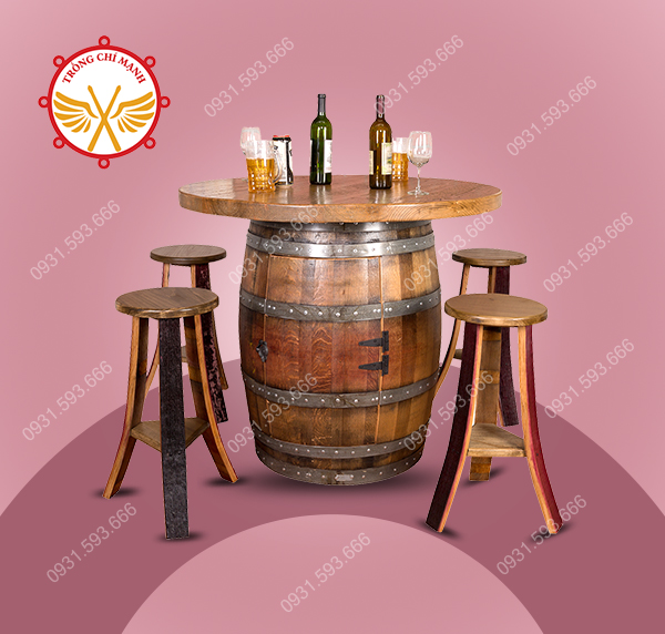Bàn ghế thùng rượu gỗ sồi trang trí | Thùng gỗ Vip Chí Mạnh